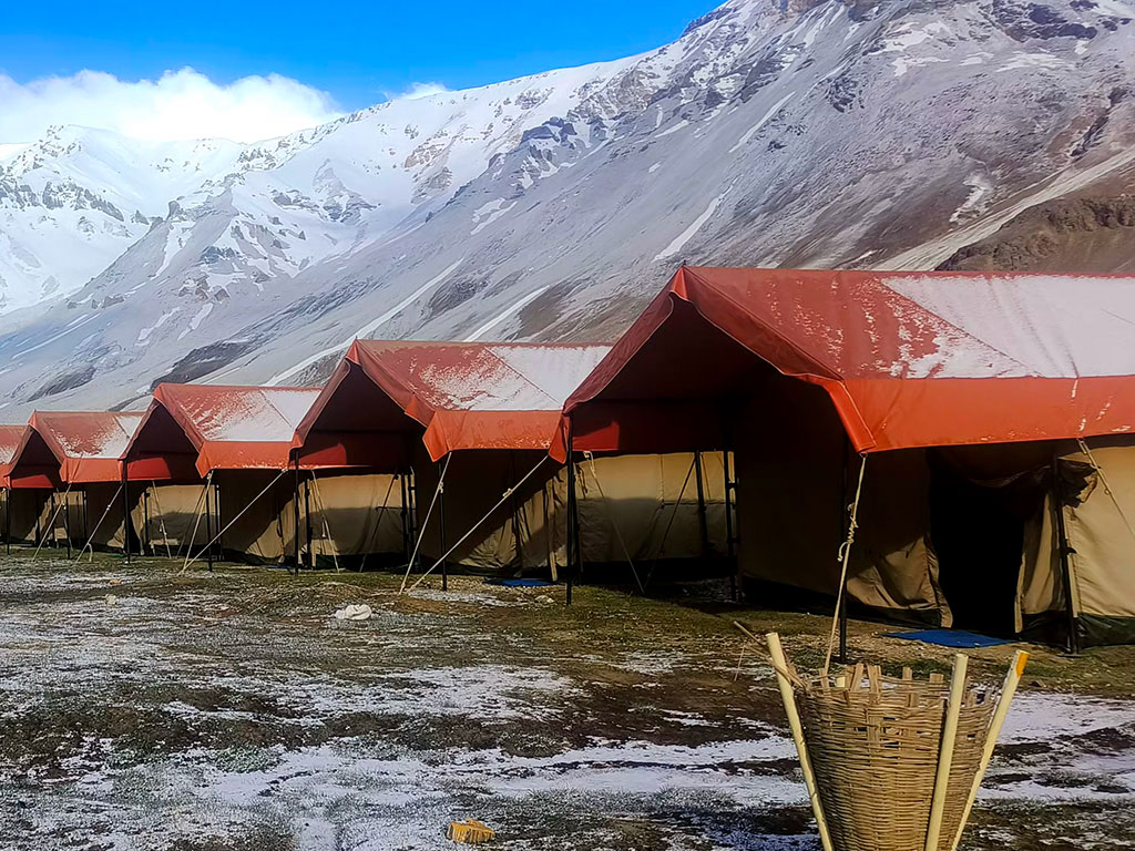 Swiss Cottage Tent interior at The Yunam Adventure Sarchu